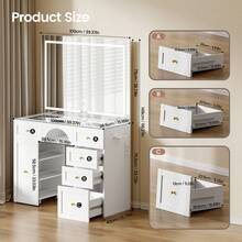 Transparent Glass Tabletop Vanity Desk, White Dressing Table With Large Mirror And Mobile Storage Trolley, Jewellery Storage, 5 Drawers, Makeup Desk For Bedroom - White - View 3