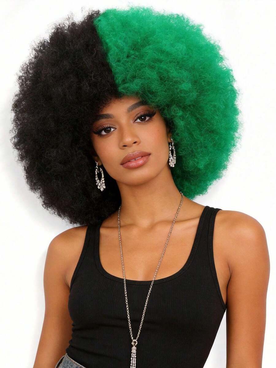 Afro Wig 14Inch Afro Wigs For Women 70s Mixed Brown Afro Kinky Curly Wig Bouncy Huge Fluffy Puff Wigs Synthetic Hair For Cosplay Daily And Party - 黑和綠 - 查看 1