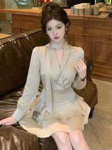 2pcs Satin Blouse And Cake Skirt Set, Elegant Lady Style, Spring/Autumn - Apricot - View 5