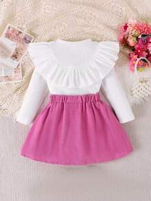 2pcs Young Girl Chic School Style Ribbed Bow Top And Corduroy Pleated Skirt Set, Suitable For Spring Autumn - Hot Pink - View 3