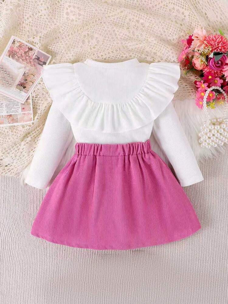 2 stuks jonge meisjes chique school stijl geribbelde top met strik en corduroy geplooide rok set, geschikt voor lente herfst - Fel roze - Bekijken 3