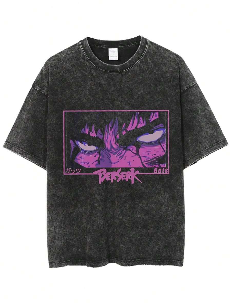 Unisex Retro Washed Anime Eyes Graphic Oversized T-Shirt,Crew Neck Short Sleeve Tee,Soft Breathable Washed Cotton Blend Anime Streetwear Statement Tee - 黑色 - 查看 1