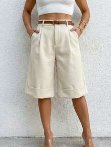 Women's Loose Fit Wide Leg Cuffed Capri Pants In Light Apricot, Suitable For Daily Wear, Street Style And Office, Versatile Item [Belt Not Included], Spring/Summer - Asaan - View 10