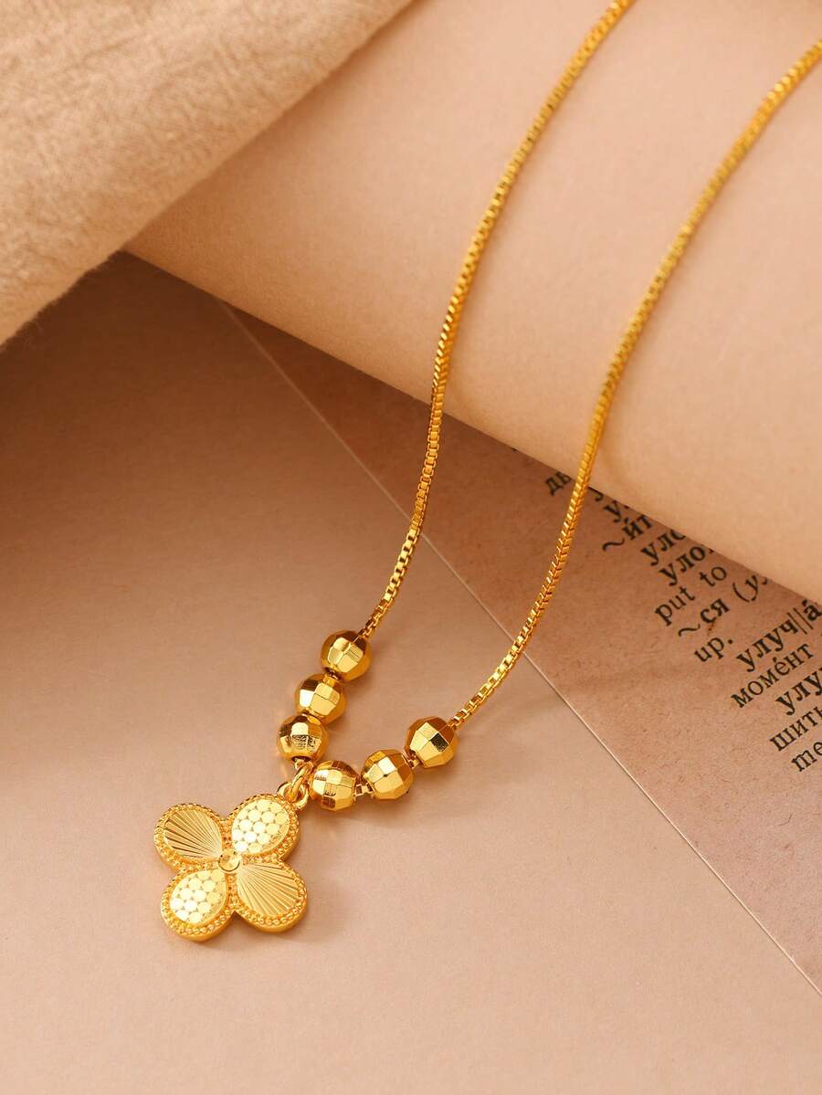 1pc 24K Gold-Plated Copper Middle Eastern Ramadan Clover Laser Engraved Pendant Necklace With Rhombus Beads Accent, Fine Chain Design - Yellow Gold - View 1