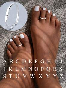 FOREVER QUEEN 1pc 925 Sterling Silver Simple Letter Toe Ring For Women/Girls, Stackable & Adjustable, Minimalist Style - Alphabet Toe Ring - View 2