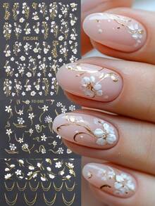 春夏白色雏菊美甲贴纸，法式风格，白色花瓣，金色线条，闪粉自粘塑料美甲贴花，半哑光，一次性使用，不规则形状，适用于玻璃表面装饰美甲用品 - 彩色 - 查看 1