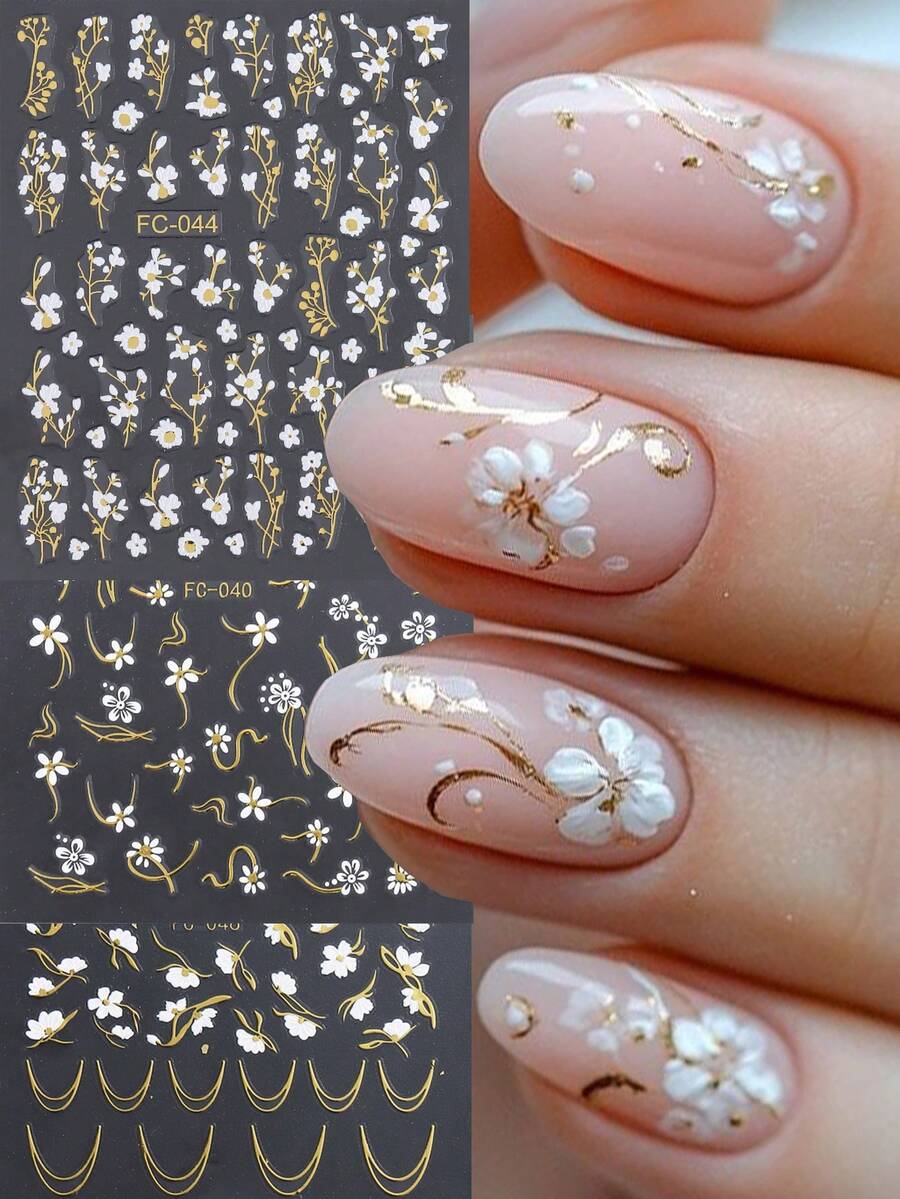 春夏白色雏菊美甲贴纸，法式风格，白色花瓣，金色线条，闪粉自粘塑料美甲贴花，半哑光，一次性使用，不规则形状，适用于玻璃表面装饰美甲用品 - 彩色 - 查看 1