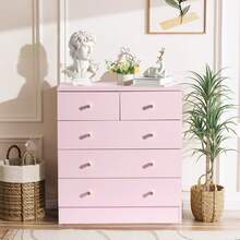 Macaron Pink 5 Drawer Dresser For Bedroom, Modern Wood Dresser Chest Of Drawers, Pink Bedroom Dressers Nightstand For Girls, Anti-Tipping Device, Rose Gold Metal Handle, Living Room, Hallway, Office - 粉色 - 查看 12