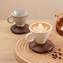 一套150毫升/5盎司独特锥形设计咖啡杯，配相思木杯垫，复古反应釉陶瓷咖啡杯碟套装，适用于家庭、餐厅、聚会和办公室。 - 彩色 - 查看 7
