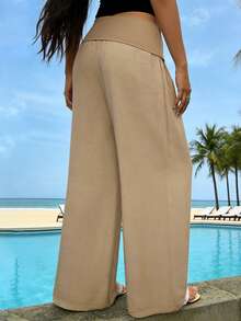 Y2K Women's Bohemian Linen Wide Waist And Wide Leg Fold-Out Pants, Solid Color Low Waist Relaxed Palazzo Pants, Comfortable Summer Beach Pants, Suitable For Everyday Leisure - 卡其色 - 查看 6