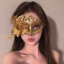 1pc Feather Sequin Masquerade Mask, Party/Halloween Costume Mask (Half Face), High-Saturation Colors + 3D Feather Decorations, Strong Visual Impact, Versatile Style, Suitable For Retro, Glamorous, Holiday And Other Themes. - 金色 - 查看 1