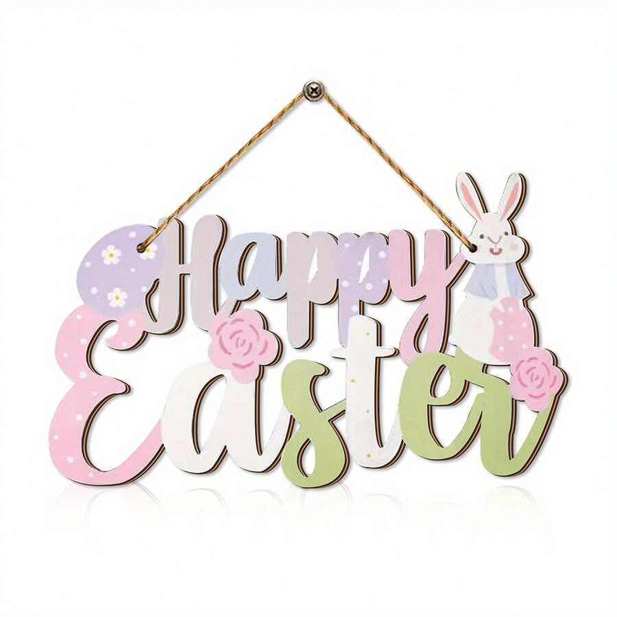 2D Flat, 1pc Easter Bunny Wooden Door Hanger - Colorful "Happy Easter" Decor With Rabbit & Floral Patterns, Traditional Faux Wood Ornament, No Power Needed Spring Festival Home Decor, Holiday Wall Hanging With Rope - Multicolor - View 1