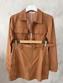 Casual Linen Shirt And Skort Set | With Belt And Pockets | Breathable Fabric - 棕色 - 查看 1
