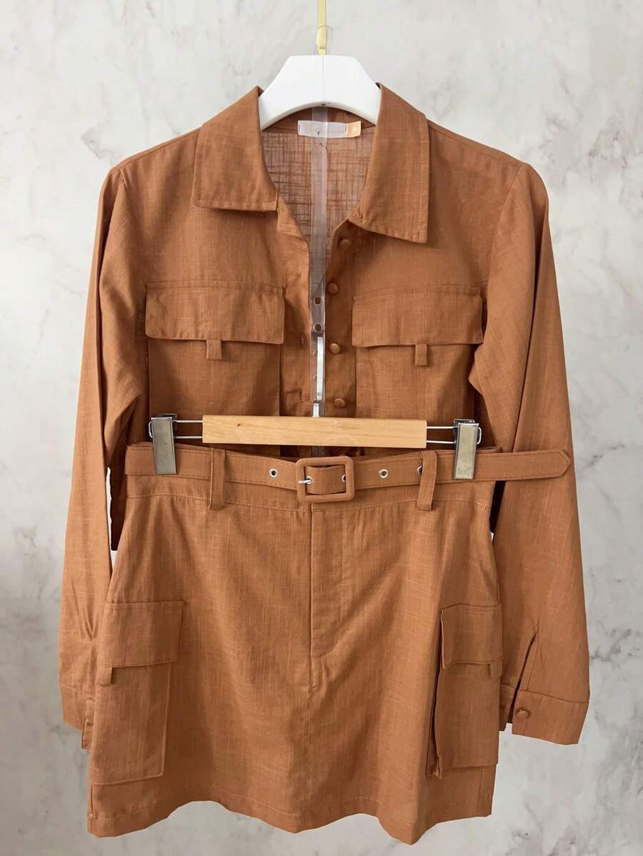 Casual Linen Shirt And Skort Set | With Belt And Pockets | Breathable Fabric - 棕色 - 查看 1