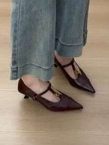 法式新款搭扣小猫跟玛丽珍鞋，优雅女士尖头细高跟鞋，适合办公室穿着 - 酒紅色 - 查看 3