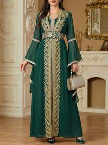 Solessence 女士优雅长裙，缀有 Guioure 蕾丝拼布和超长喇叭袖，阿拉伯风格，朴素的卡夫坦 - 綠色 - 查看 2