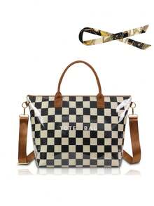 Plus Size Women Checkered PVC Tote Bag, Waterproof Shoulder Bag With Adjustable Strap, Suitable For Commuting - Black and White - View 1