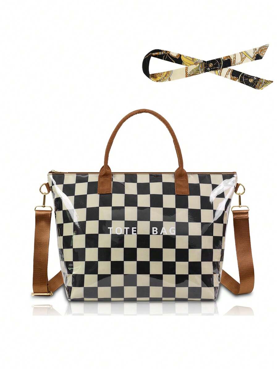 Plus Size Women Checkered PVC Tote Bag, Waterproof Shoulder Bag With Adjustable Strap, Suitable For Commuting - Black and White - View 1