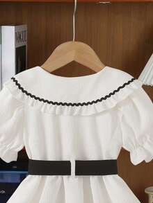 Girls' Vintage Fashion Short Puff Sleeve Ruffled Collar Floral Decor Front Button Waist Tie Casual Dress, Spring/Summer - White - View 5