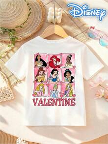[Disney Authorized] Front: Disney Princess Collage With Balloons And Star Elements Back: 9 Disney Princesses (Moana, Ariel, Tiana, Belle, Snow White, Jasmine, Aurora, Rapunzel) With Pink Heart Border And Text "VALENTINE" Double-Sided Print Pattern Girls' T-Shirt - Children's Clothing Design Short-Sleeve Casual Cute Style Comfortable And Relaxed Suitable For Boys And Girls, Perfect For Parties And Play Machine Washable Gift Children's Clothing Girls' Short-Sleeve Shirt - trắng - Xem 5