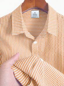 FEIAO Men's Vintage Coin Texture Striped Short Sleeve Shirt, Casual Versatile Style For All Seasons - Orange - View 4