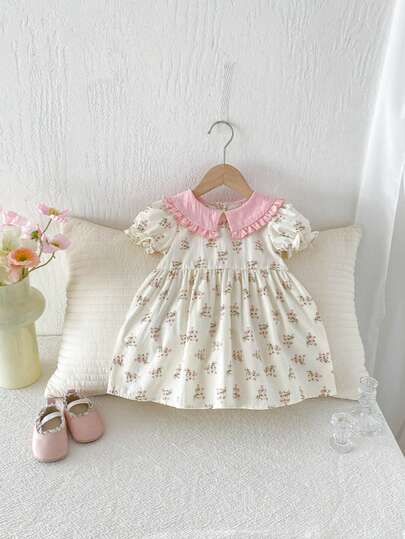 Baby Girls' Floral Print Patchwork Collar Cute Casual Short Sleeve Dress, Spring