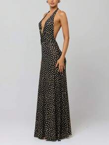 Women Ruched Polka Dot Long Dress Backless Low Cut Halter Neck Maxi Dress Dots Print Wedding Guest Party Gown - Black - View 4