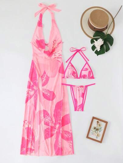3件套玫瑰粉色印花挂脖比基尼，带开衩罩衫，性感沙滩度假套装