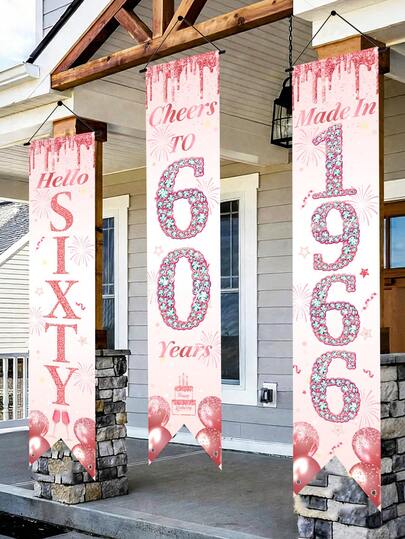3pcs/Set Rose Gold 60th Birthday Flag, 60th Birthday Banner, 60th Birthday Party Decoration, 60th Birthday Couplet, Birthday Background Decoration