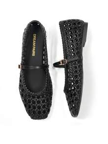 Women Woven Ballet Flats Squared Toe Mary Jane Flats With Adjustable Buckle Strap Comfortable Spring & Summer Flat Sandals - Black - View 7