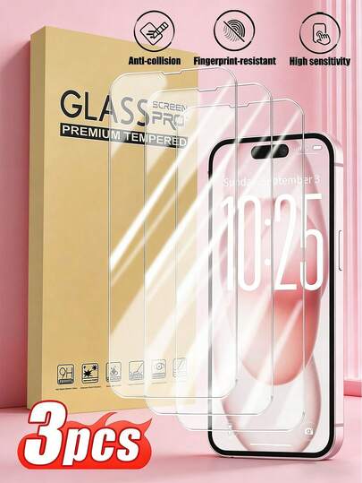 3pcs Ultra-Clear Tempered Glass Screen Protector, High Hardness Tempered Glass Material Resistant To Bumps And Scratches, 99% Transparency, Retains True Colors, Coating Prevents Water Stains And Fingerprints, Full Coverage, Suitable For Daily Office, Outdoor And Other Scenarios, Constantly Protects Phone Screen, Compatible With IPhone 17 Pro Max/17 Pro/17 Air/17/16 Pro Max/16 Pro/16 Plus/16/15 Pro Max/15 Pro/15 Plus/15/14/13/12 And Other Models