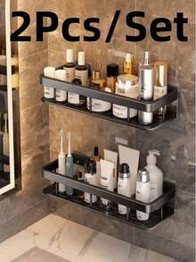 2 pezzi Mensola da bagno a parete di grande capacità, senza bisogno di foratura, salvaspazio, facile installazione, può contenere articoli da toeletta, cosmetici, shampoo e bagnoschiuma, materiale in plastica resistente, portaoggetti da doccia - nero - Visualizzare 12