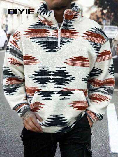 DIYIE 男士几何图案拉链领口袋短款外套，秋冬季，男友礼物，冬季保暖卫衣，秋季男装，冬季男士套头卫衣，珊瑚绒连帽衫男士长袖拉链印花外套男士短款外套男士卫衣