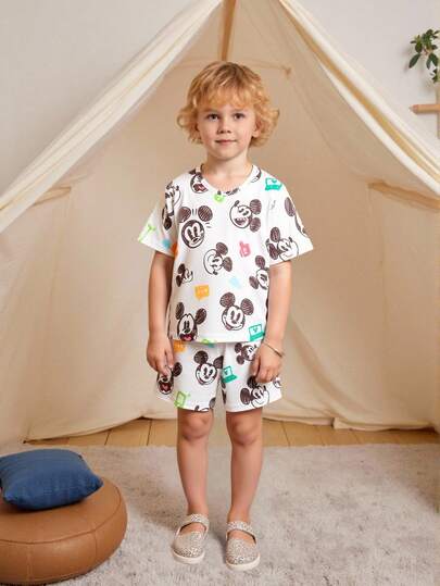 Disney 男童授权可爱米奇老鼠两件套 - 圆领无袖上衣和短裤，米奇图案，夏季休闲T恤，活泼时尚，透气面料，两件套，儿童短裤套装，小男孩两件套