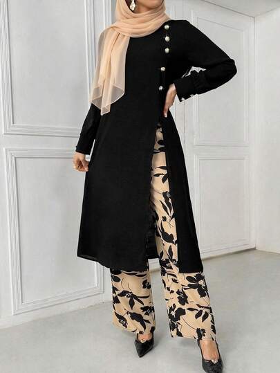 2pcs Elegant Spring/Summer Casual Black Tunic & Floral Print Wide-Leg Pants Set- Sleeveless Top With Side Slit, Perfect For Casual Attire, Casual Attire|Floral Print Pants |Side Slit Detail,Floral Print Pants