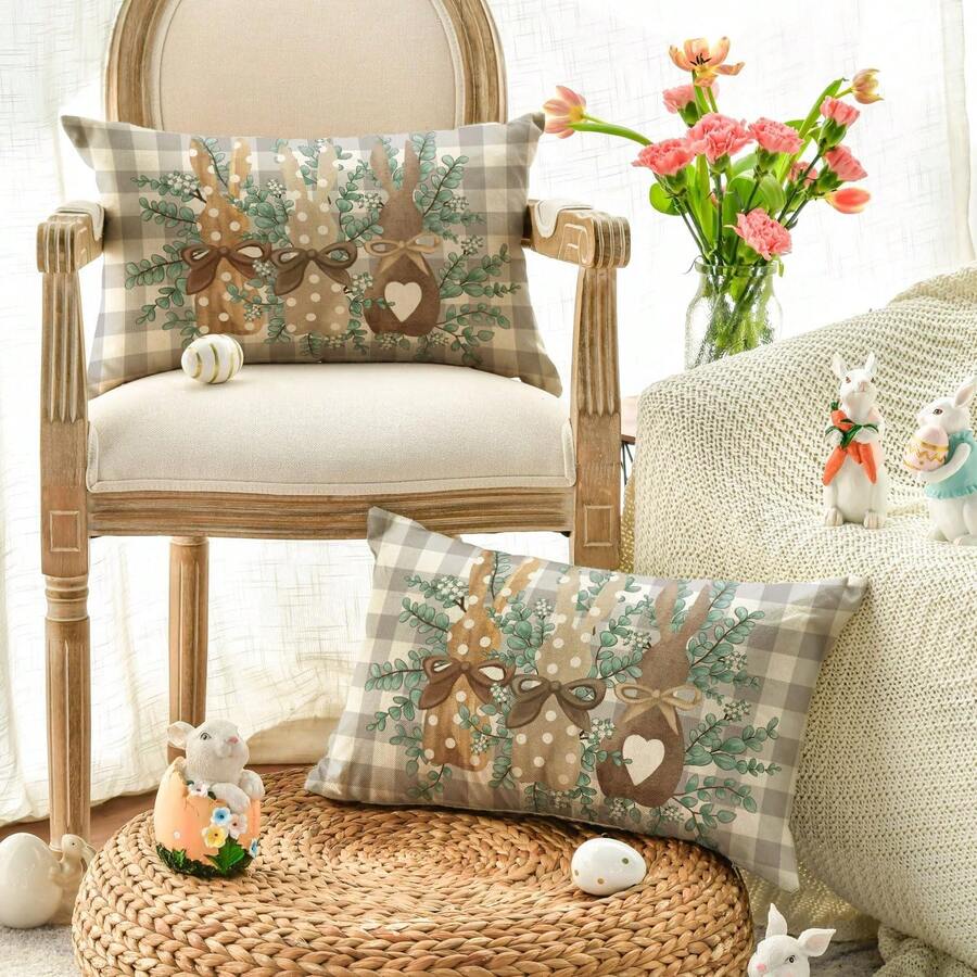 2PCS Easter Bunny Buffalo Plaid Pillowcase, 12 X 20 Inch Gray Sofa Cushion Cover, Single-Sided, Pillow Not Included - Brown - View 1