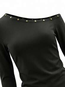 Retro American Sexy Studded Asymmetric Shoulder Long Sleeve Slim Fit Casual Top - Black - View 11