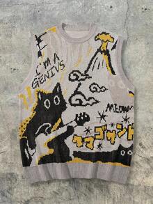 ANDREILEE 男士休闲无袖针织背心，简约猫咪吉他图案，透气百搭，适合春夏穿着 - 卡其色 - 查看 2