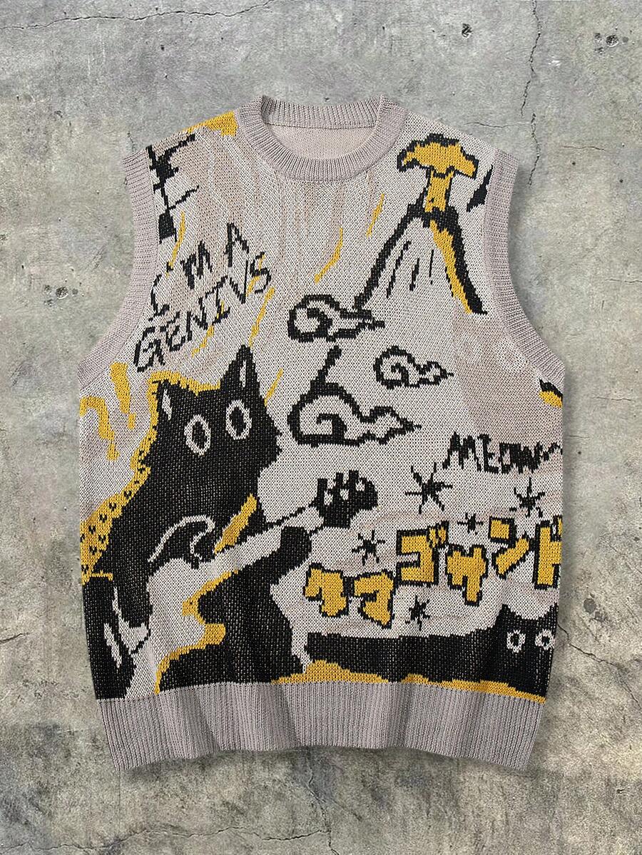 ANDREILEE 男士休闲无袖针织背心，简约猫咪吉他图案，透气百搭，适合春夏穿着 - 卡其色 - 查看 1