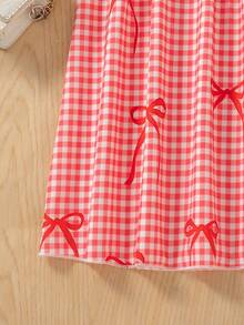 Girls' Casual Outing Fashion Plaid Bow Print Pattern Collar Ruffle Decor 3D Bow Design Flared Hem Square Neck Puff Sleeve Knee-Length Casual Dress, Spring/Summer - Red - View 8