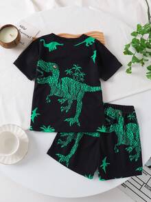 Set de 2 piezas de camiseta de cuello redondo y pantalones cortos con estampado de dinosaurio para niño pequeño, informal para vacaciones de verano y escuela, 4-7 años - Negro - Ver 3