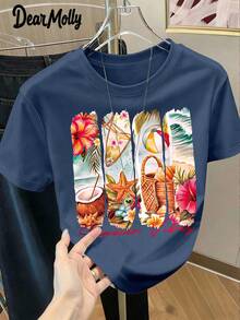 DEAR MOLLY 夏季海滩主题印花圆领短袖T恤，适合派对、聚会及各种场合，四季皆宜，是送给妈妈的理想礼物。 - 藏蓝色 - 查看 1