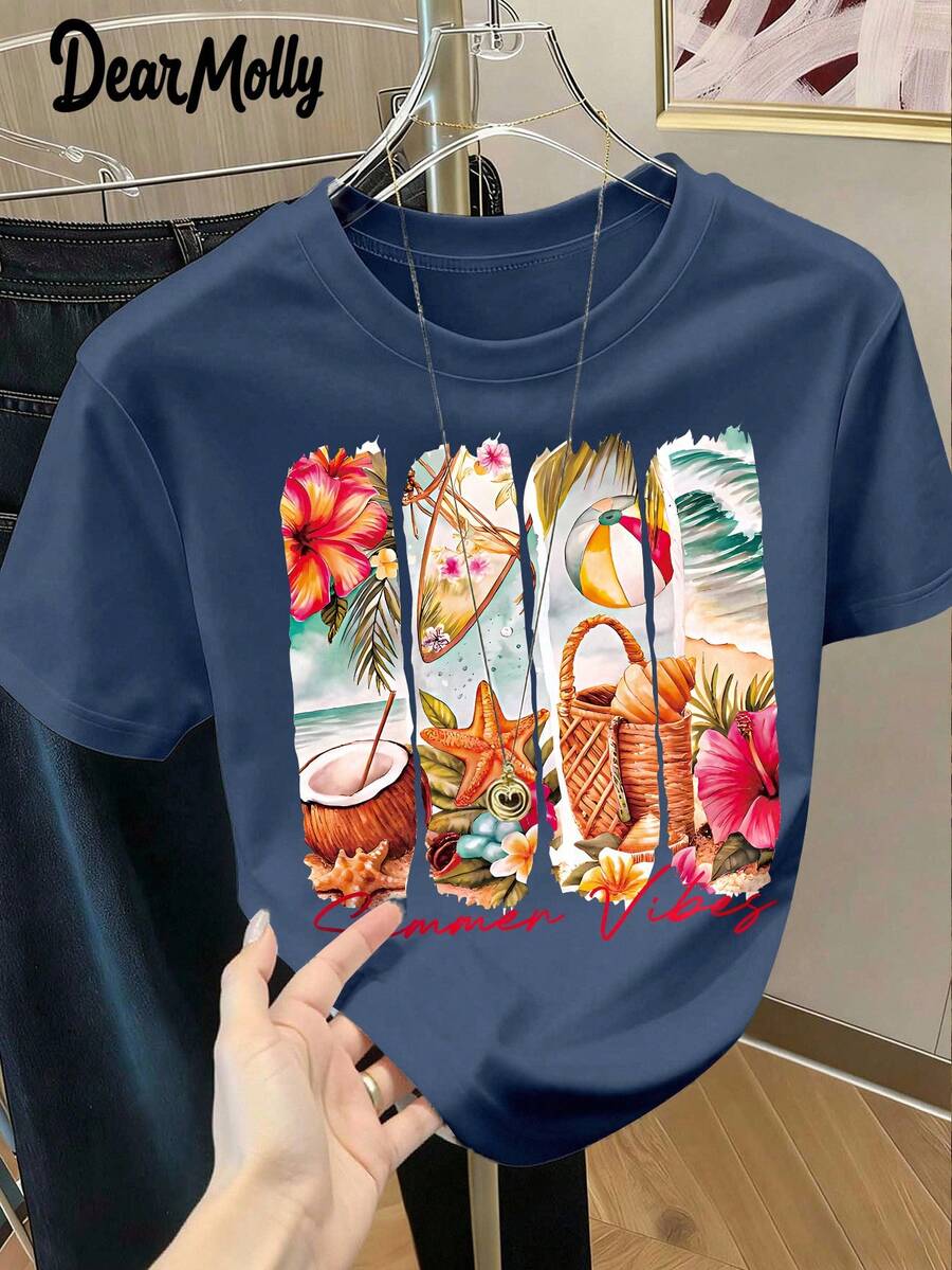 DEAR MOLLY 夏季海滩主题印花圆领短袖T恤，适合派对、聚会及各种场合，四季皆宜，是送给妈妈的理想礼物。 - 藏蓝色 - 查看 1