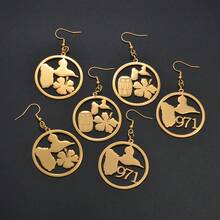 一对瓜德罗普岛地图图案，饰以木槿花鼓形纹样，971区号，不锈钢材质，法国珠宝，女士款 - 彩色 - 查看 4