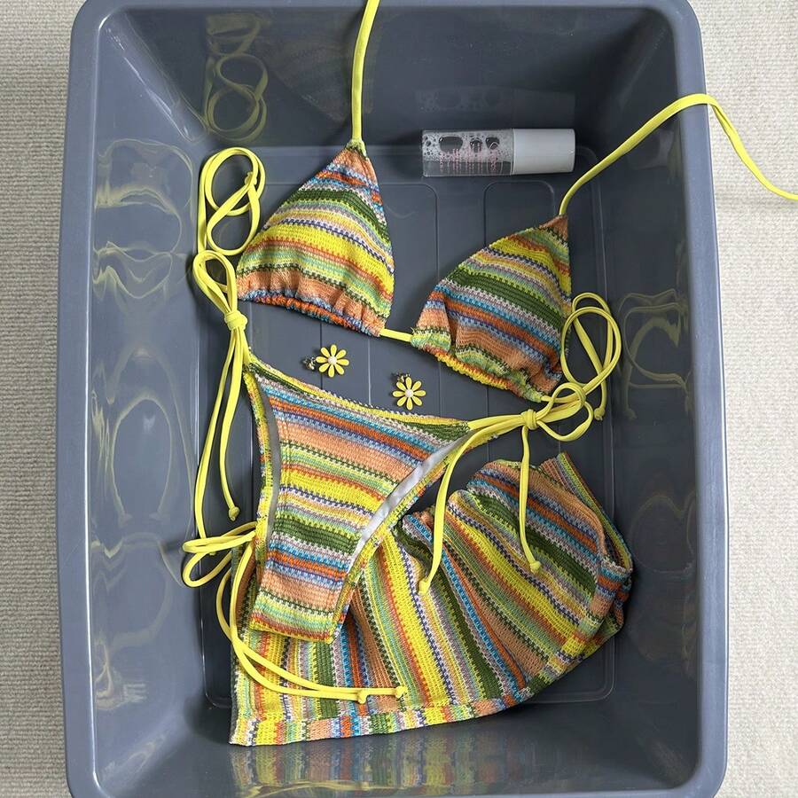 3pcs/Set Women's Summer Bohemian Style Crochet Fabric Drawstring Swimwear Cover Up Dress Bikini Set - Multicolor - View 1