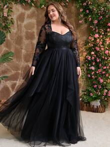 Robe de soirée élégante et glamour pour femmes en grande taille, avec patchwork de maille et de dentelle, fermeture éclair. Convient pour les invités de mariage, avec encolure en cœur et manches longues. Robe de bal longue en dentelle, idéale pour les mariages, les fêtes et les occasions formelles, pour le printemps/l'été/l'automne/l'hiver - Noir - Voir 4