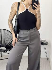 Premium Tailored Wide Leg Trousers - Grey - View 5