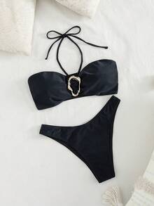 女士新款欧美风露背比基尼套装度假装 - 黑色 - 查看 5