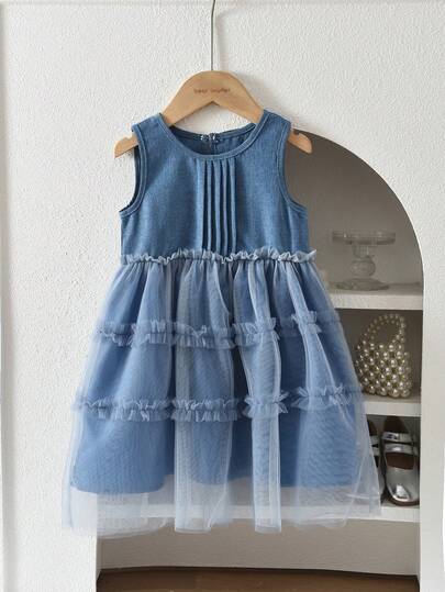 bearleader Summer Denim Style Sleeveless Dress, Suitable For 3-7 Years Old Girls, Fashion Contrast Lace Princess Dress