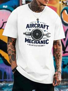Spring "Aircraft Mechanic" Graphic Print T-Shirt, Soft Cotton, Graphic Design, Casual, Breathable - 白色 - 查看 1